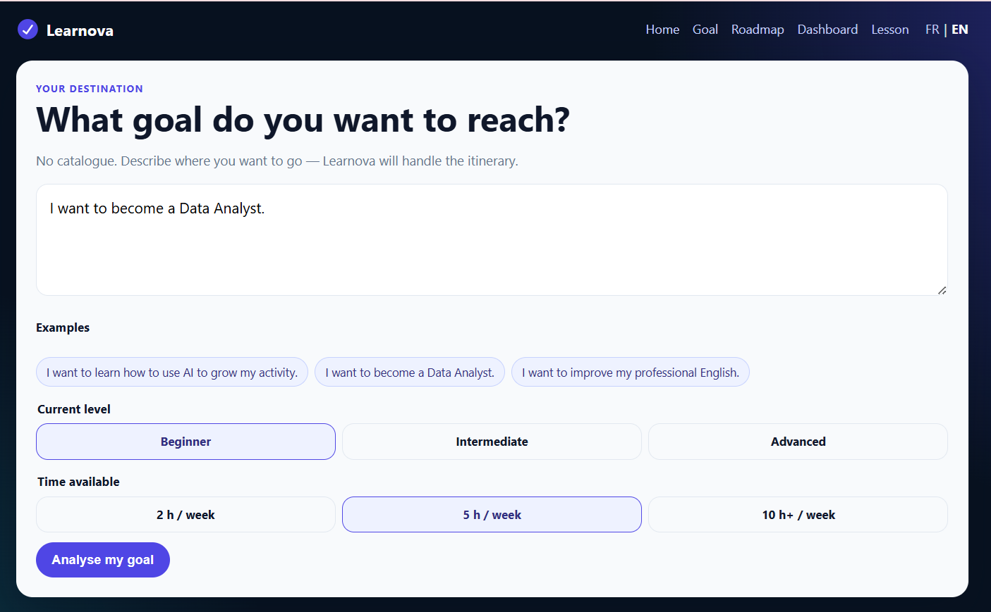 Capture réelle du prototype Learnova : écran de définition de l'objectif avec niveau actuel et temps disponible