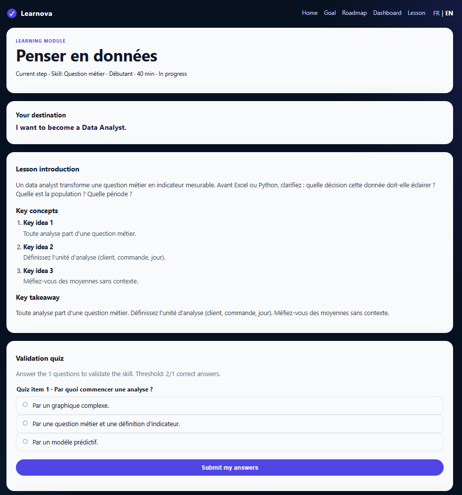 Capture réelle du prototype Learnova : module d'apprentissage avec quiz de validation