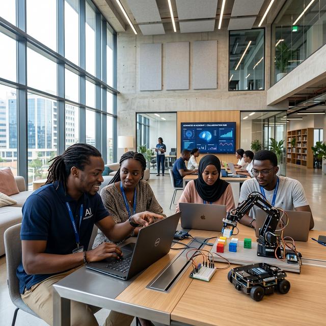 Professionnels collaborant autour de technologies numériques, d'IA et d'outils d'apprentissage